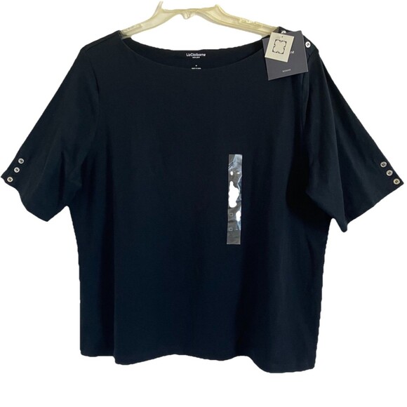 LIZ CLAIBORNE sz 3X Solid Black Cotton Stretch Short Sleeve Button Pullover Top - Picture 2 of 5